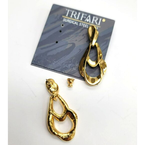 Vintage Trifari Earrings Gold Tone Double Loop Dangle Fashion Elegant DH100 - Picture 5 of 6